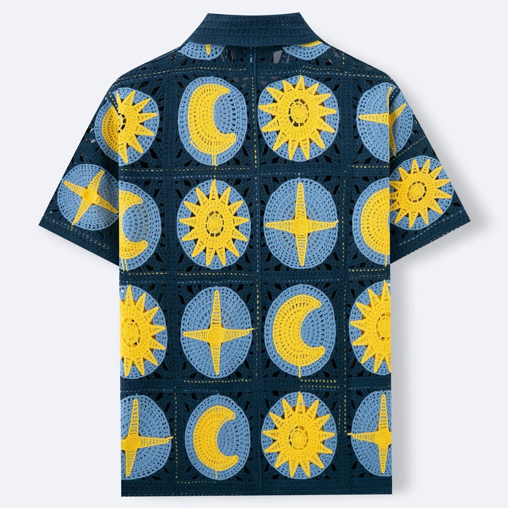 Men's navy blue short-sleeved cardigan with flocked cartoon pattern, thin acrylic summer knitwear