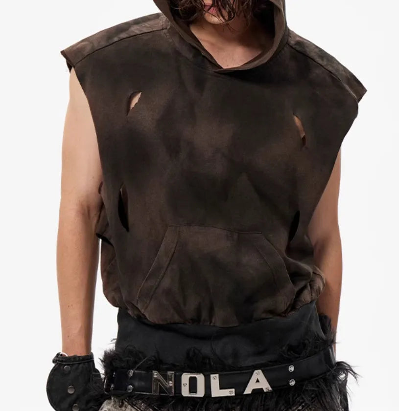 Khaki coloured cotton short hooded vest with short sleeves on a hanger.