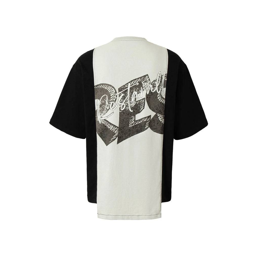 Men's black and white deconstruction print cotton blend t-shirt with short sleeves and loose fit.