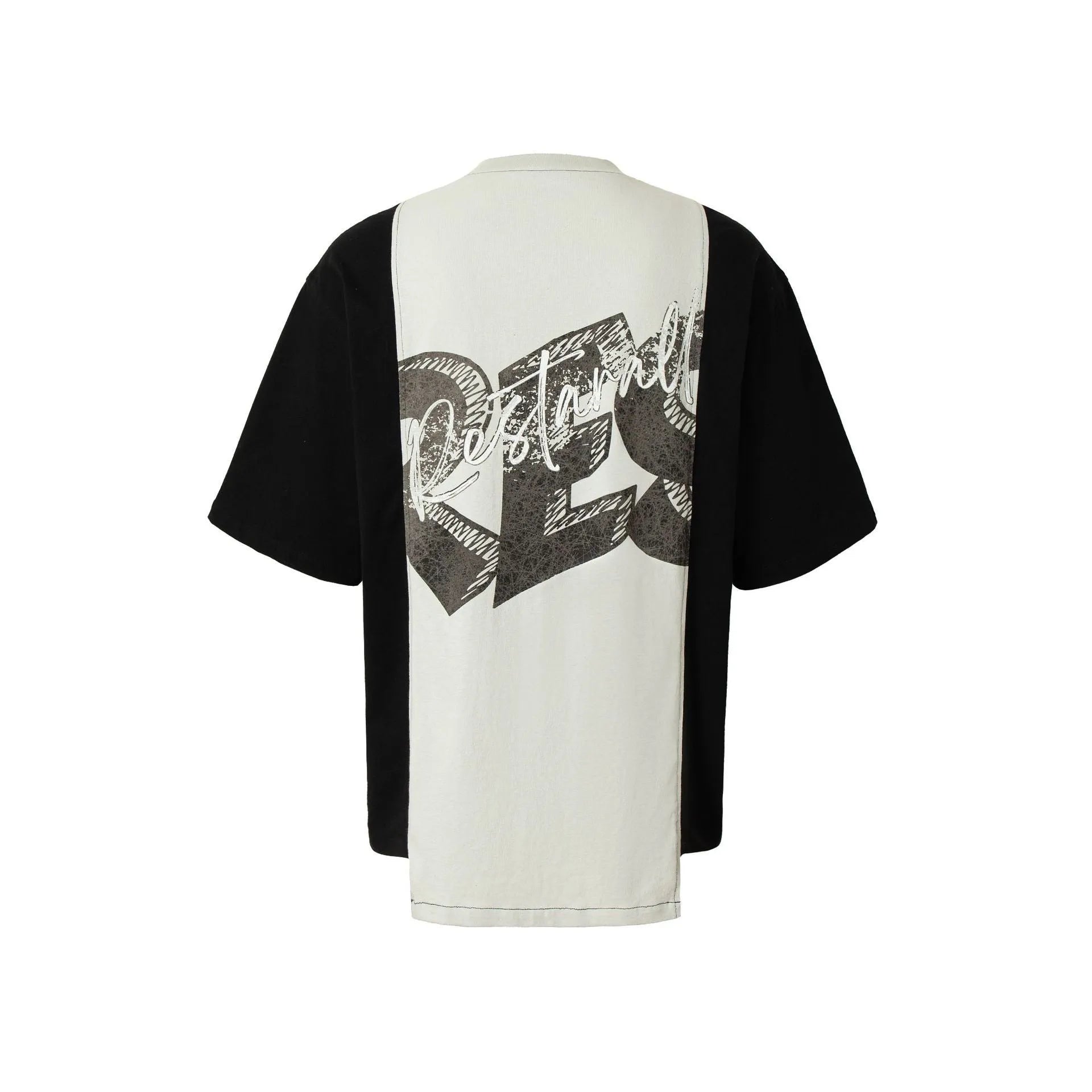 Men's black and white deconstruction print cotton blend t-shirt with short sleeves and loose fit.