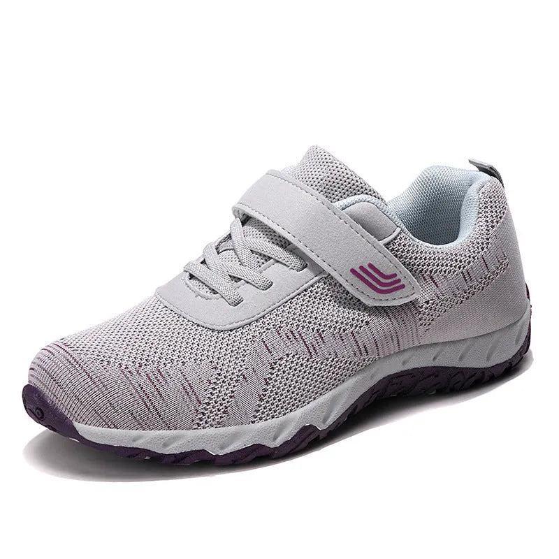 Women's grey purple wedge heel shoes with Velcro strap and mesh upper
