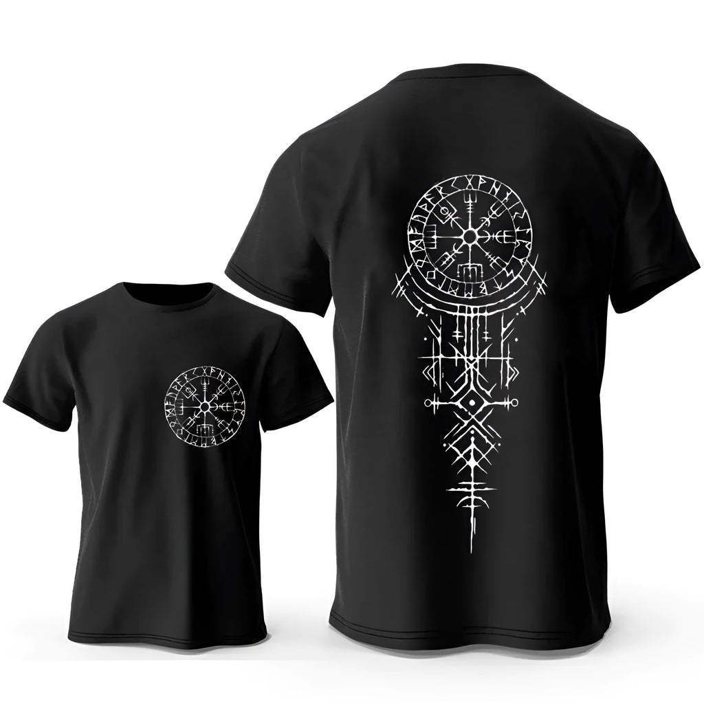 Men's grey cotton T-shirt with a detailed Viking rune compass graphic print on the chest.