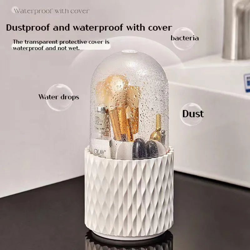 White rotating acrylic makeup brush storage box with transparent dust cover on desktop