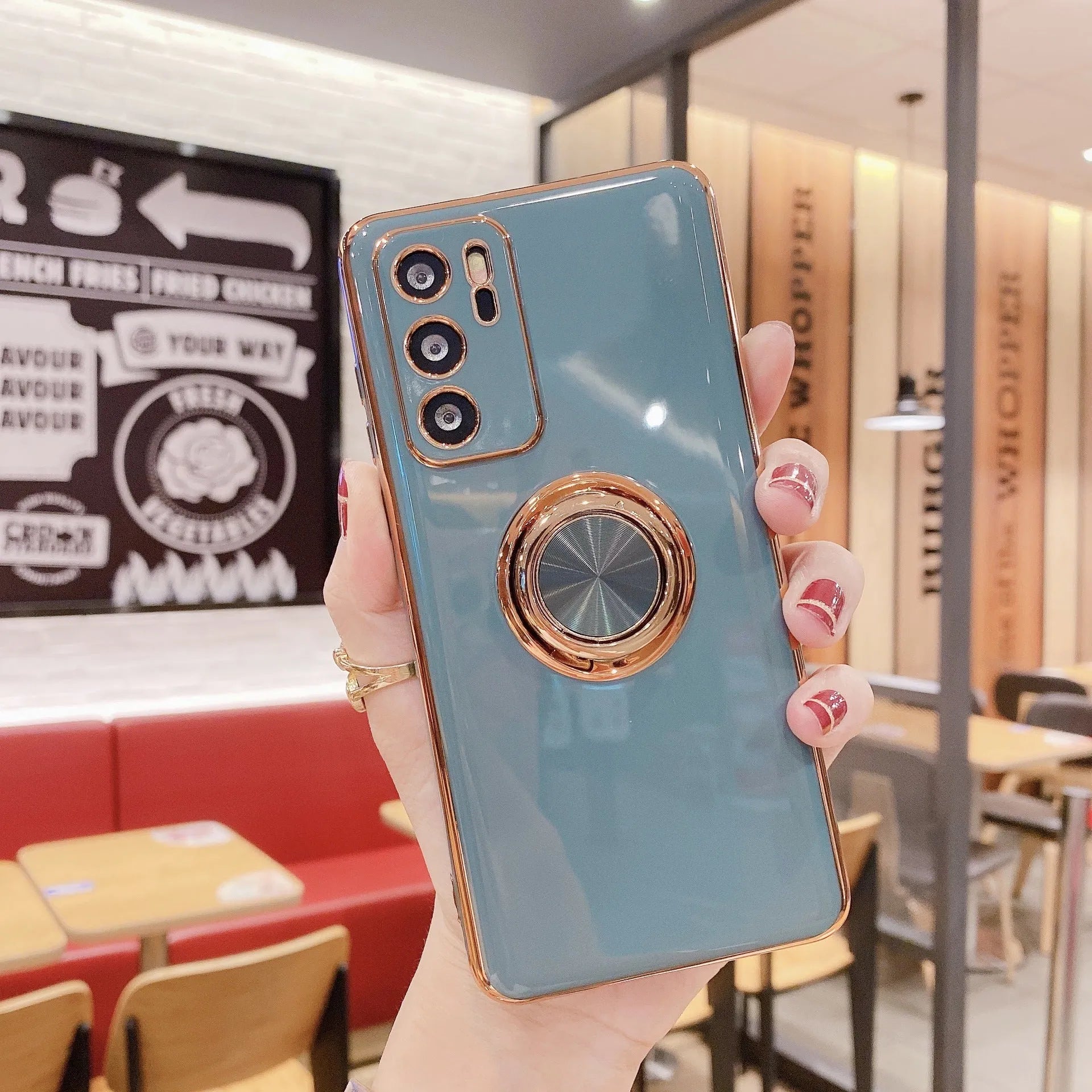 Huawei mobile phone case with a ring bracket and magnetic mount compatibility in assorted colours.