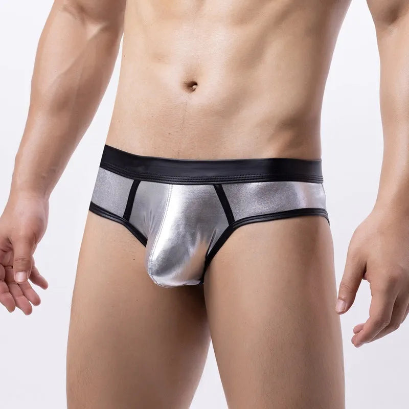Men's patent leather effect bikini swim briefs in gold, red, or silver colour on a low waist