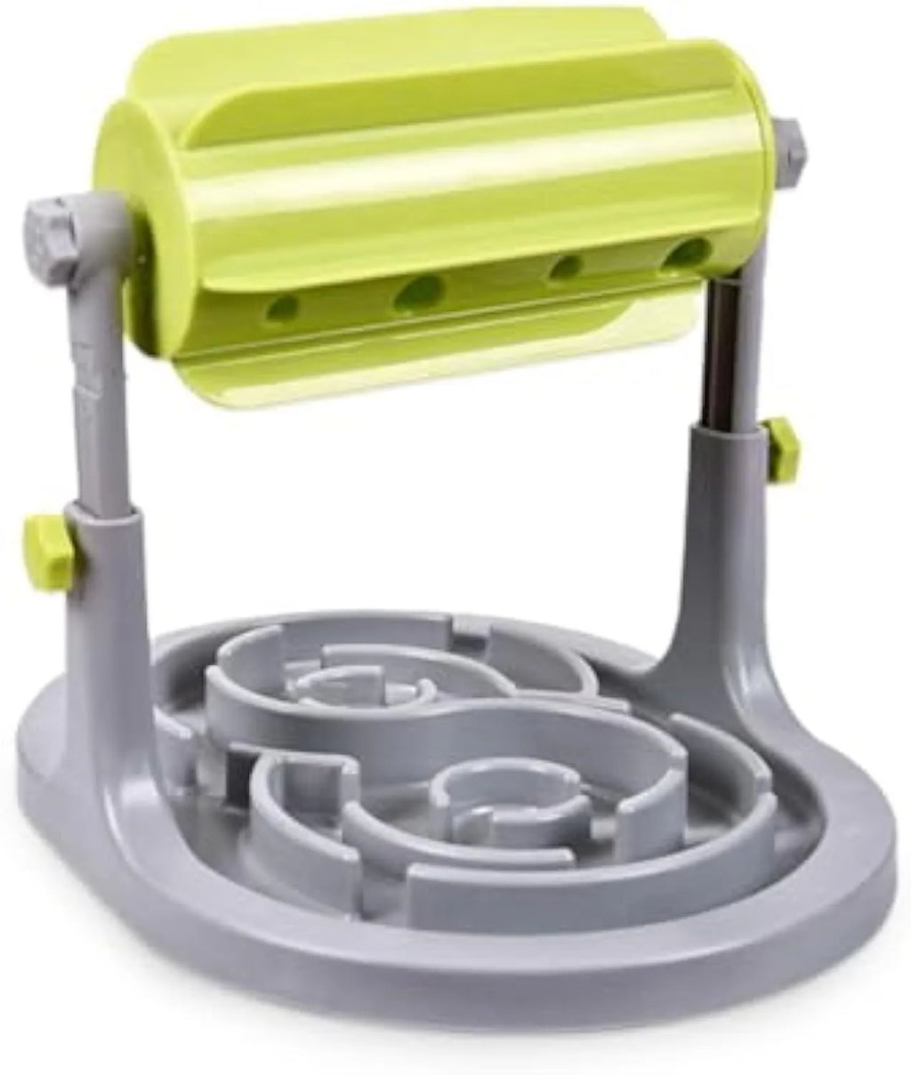 Interactive pet puzzle slow feeder bowl with adjustable height in blue, green, or pink