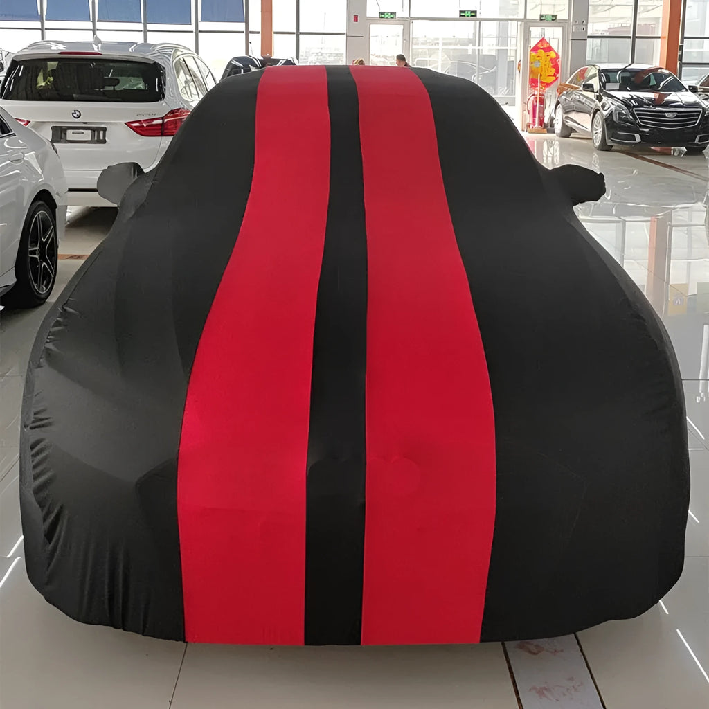 Ford Mustang car cover with elastic hem in light grey colour made from silk polyester fabric.