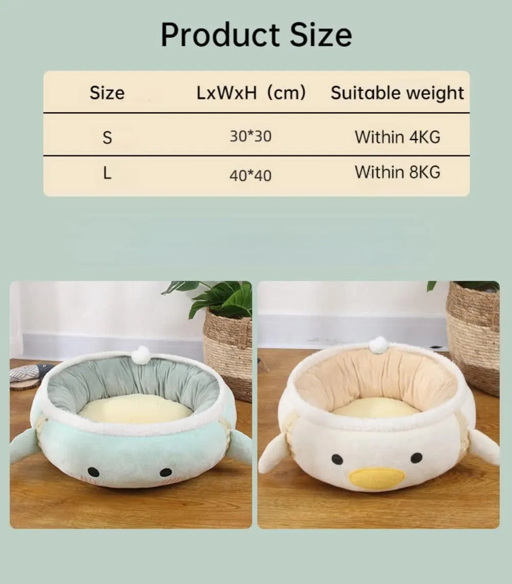 Green chick and dinosaur shaped plush cat bed shown both lying flat and hanging as a hammock.