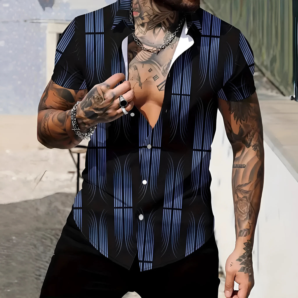 Men's slim-fit geometric line print short sleeve lapel cardigan shirt.