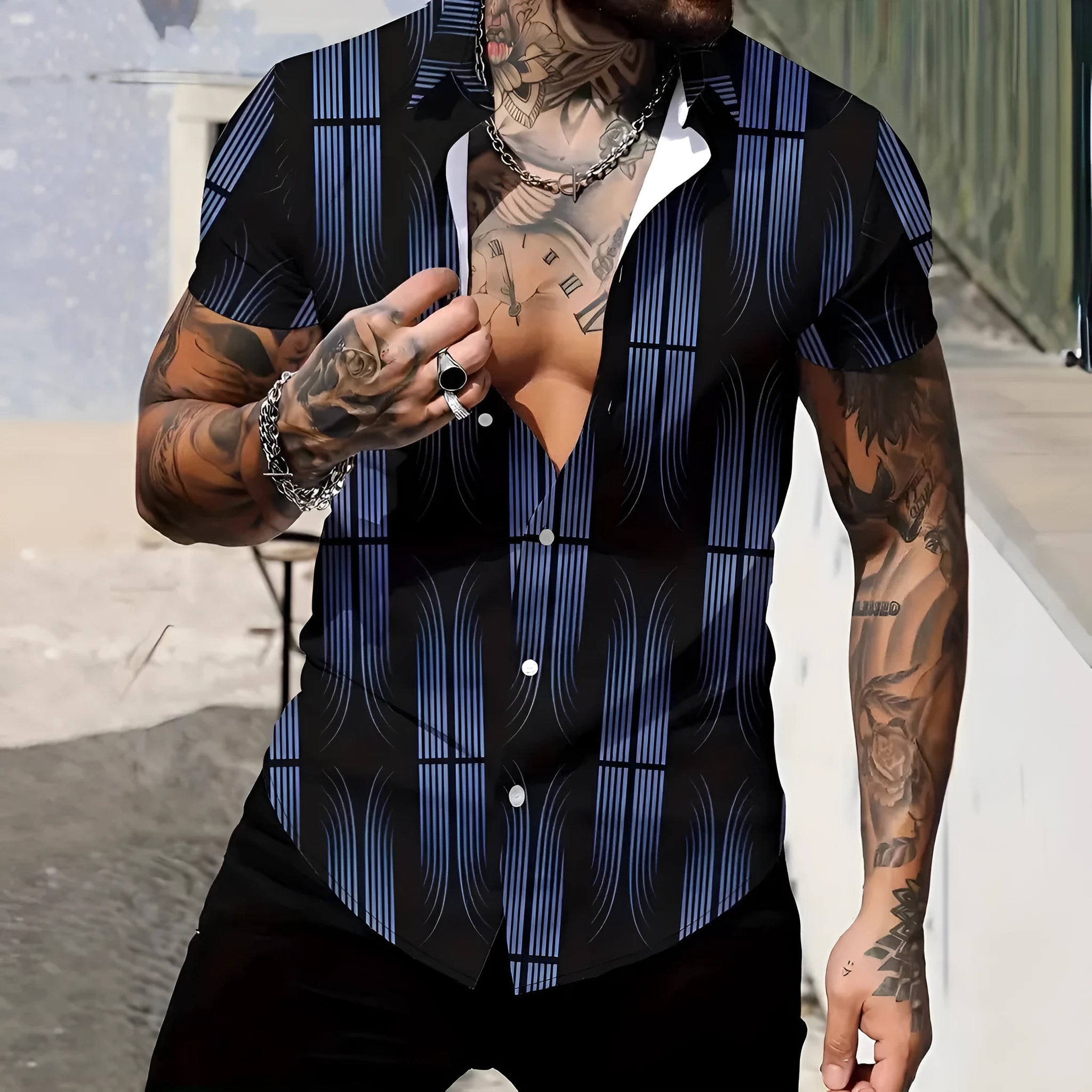 Men's slim-fit geometric line print short sleeve lapel cardigan shirt.