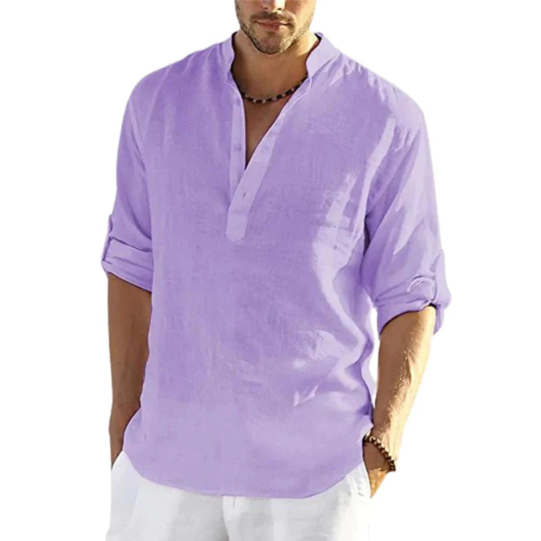 Stylish casual cotton and linen men's shirt with stand collar in various colors