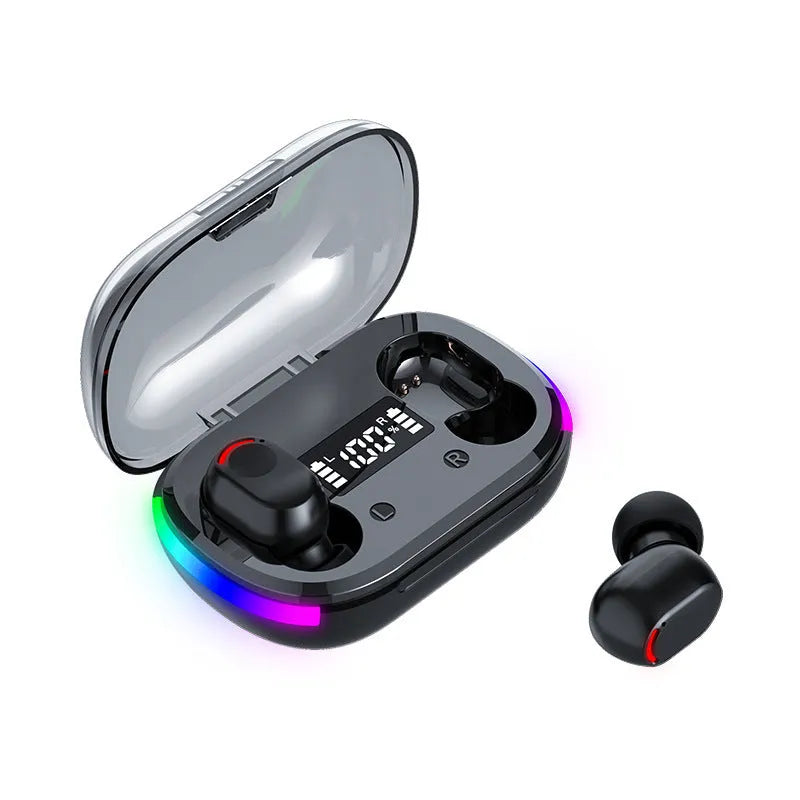K10 Black in-ear Bluetooth headset with digital display, colourful breathing light and ABS earbuds