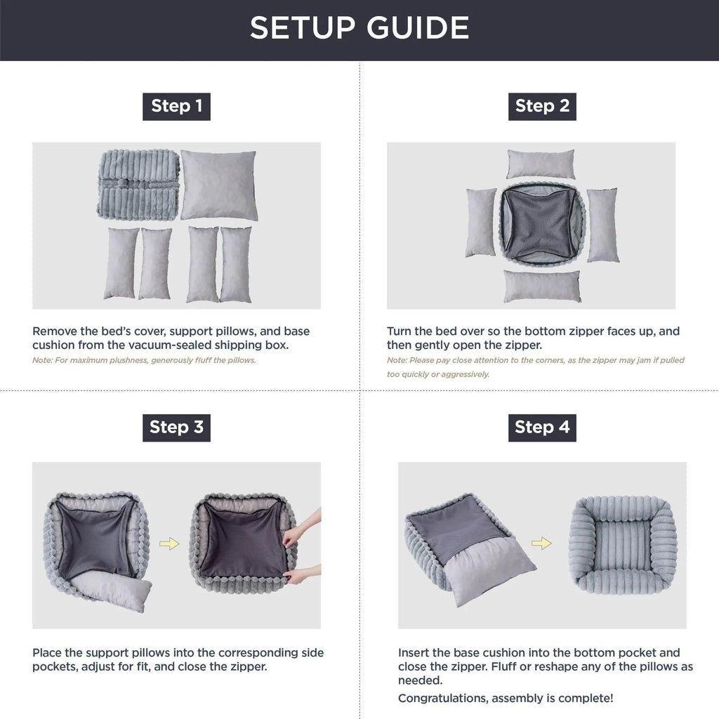 Dog bed with removable cover in beige colour showing four available size options