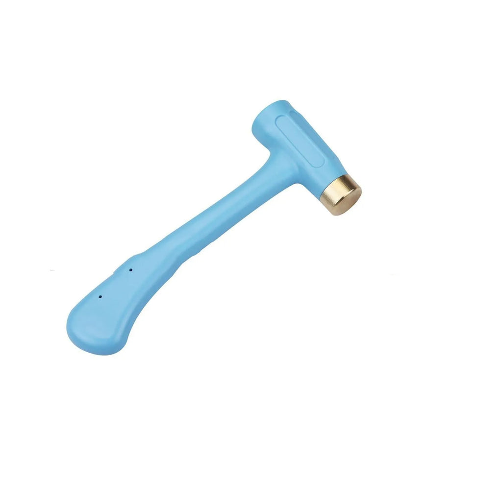 Blue copper head hammer with carbon steel body and plastic grip on handle
