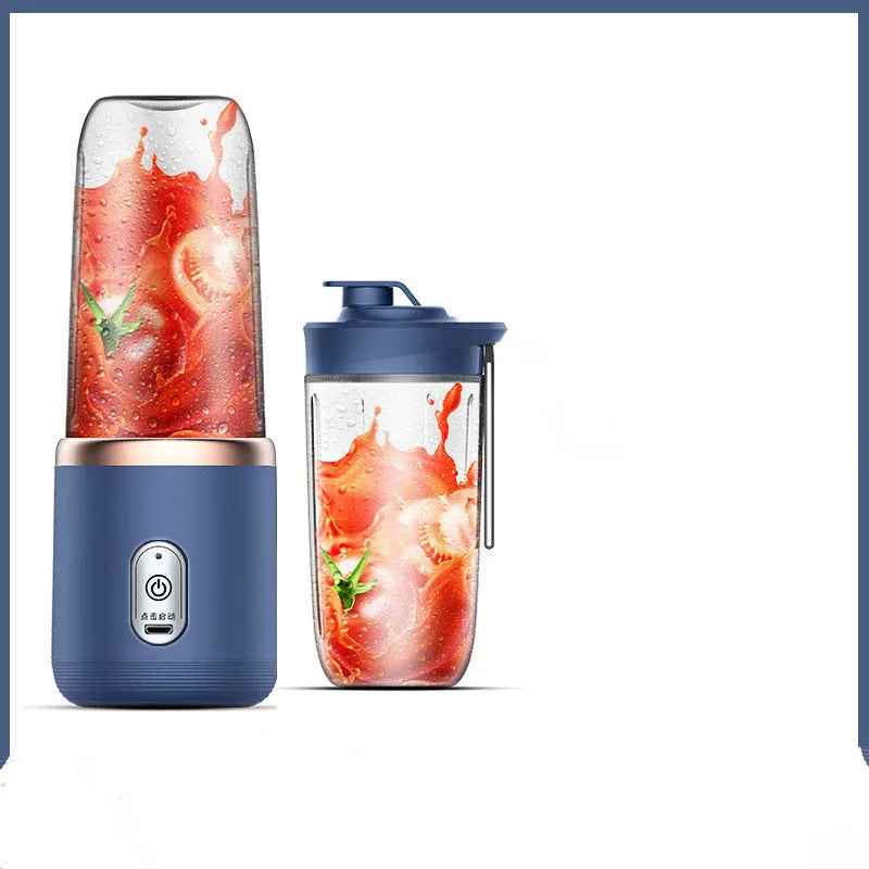 Portable USB blender and juicer in Tunisian dark blue with six blades, a cup lid, and a USB cable.