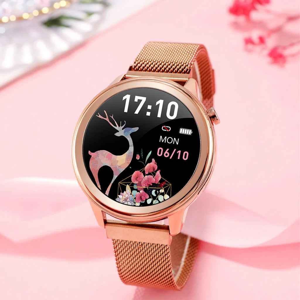 Fashion smart watch with heart rate and blood pressure display on 1-inch glass screen, black steel strap