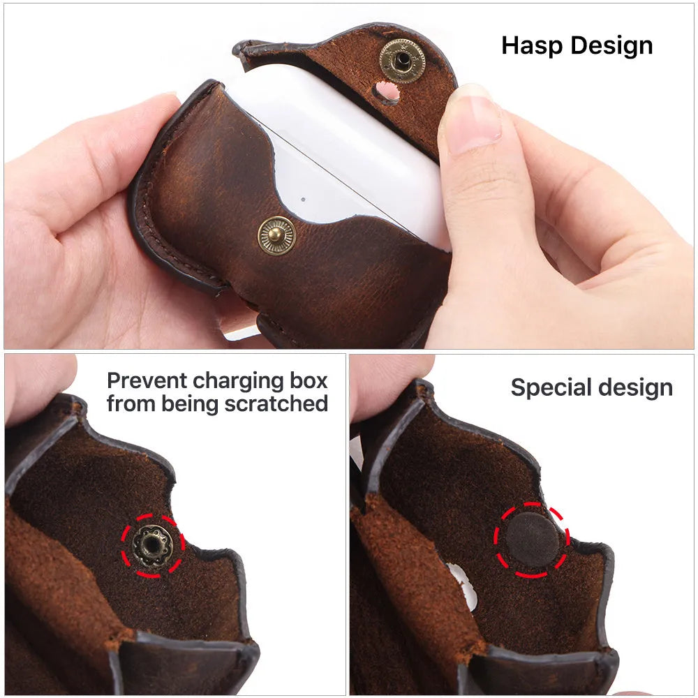 Brown leather AirPods Pro clamshell cover with vintage crazy horse pattern texture