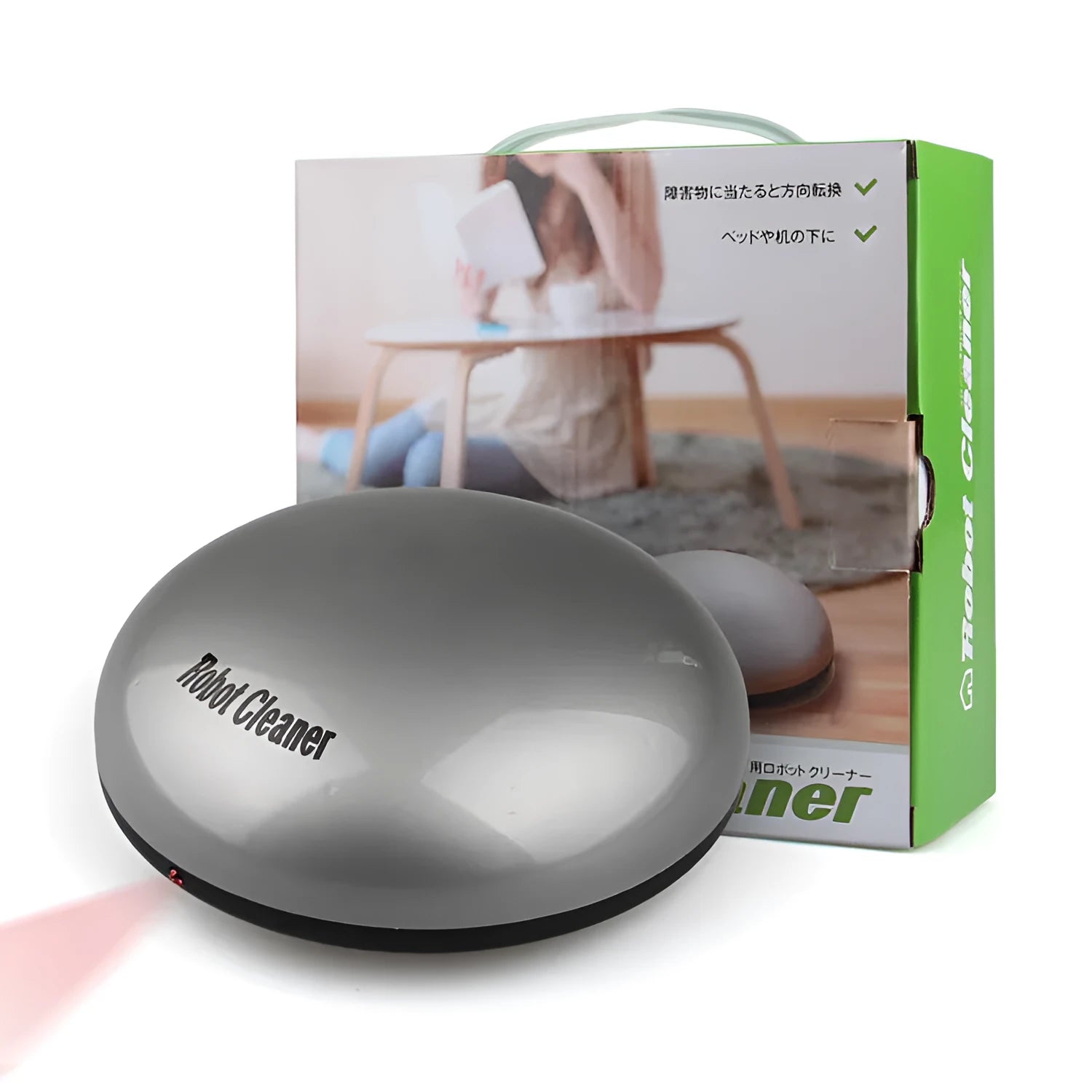 Silver mini robotic vacuum cleaner with compact dimensions for automated floor cleaning