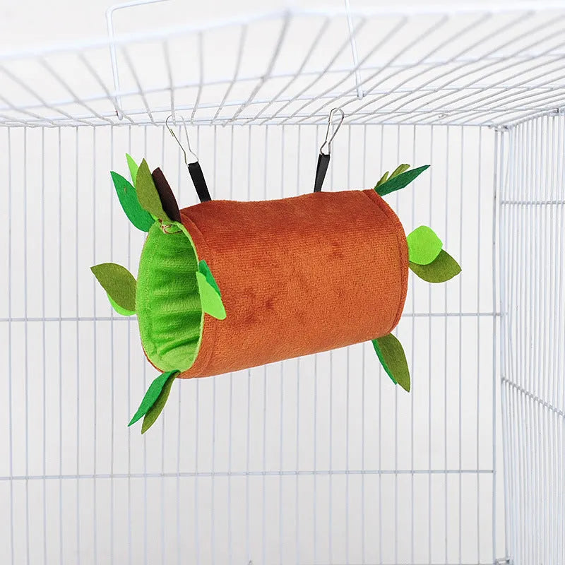 Plush toy hamster tree with round swing and triangle hammock attached to cage via metal buckle