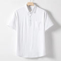 Men's loose lapel short sleeve t-shirt in hemp blend linen fabric, shown in solid colour.