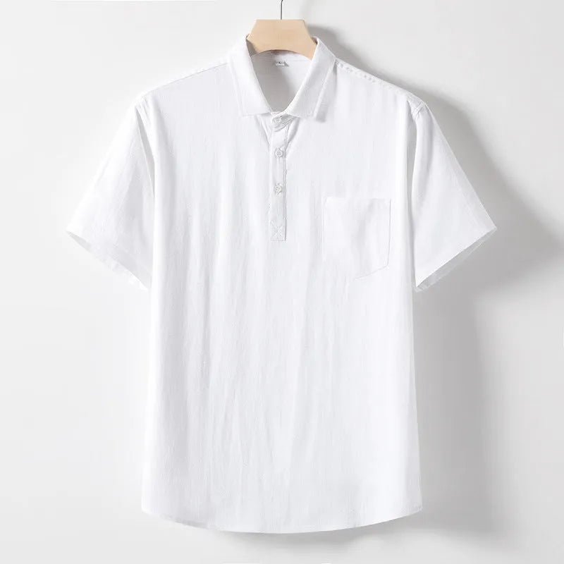 Men's loose lapel short sleeve t-shirt in hemp blend linen fabric, shown in solid colour.