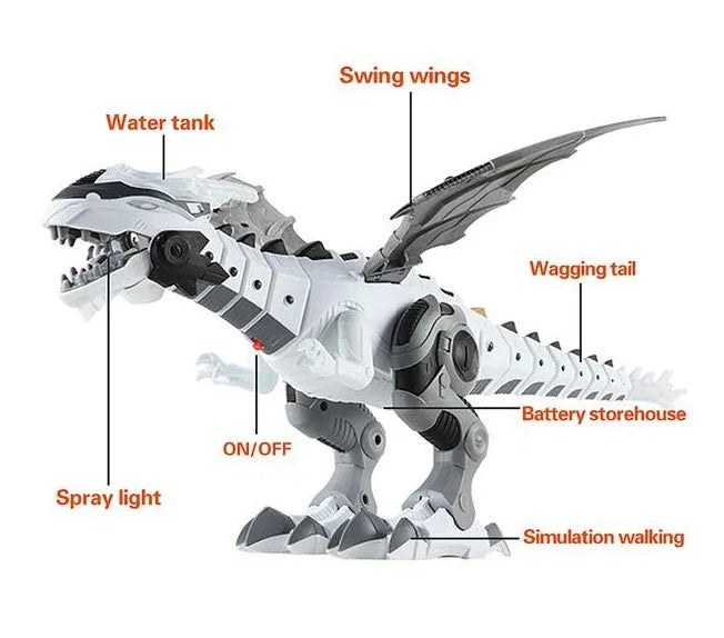 Intelligent robot toy dinosaur in white, spraying water mist with glowing light effects, walking on flat surface