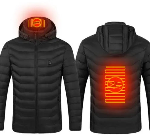 USB heated jacket with carbon fibre heating wire, removable hood, and three heat settings in black Blue Zone 2 colour variant