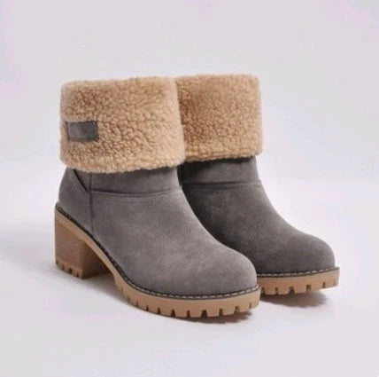 Stylish mid-calf suede snow boots with thick heels in various colors including gray, khaki, black, orange, and green