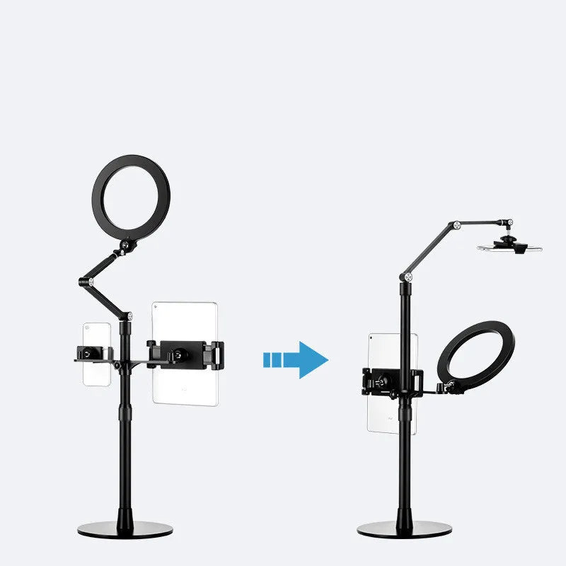 Black vertical floor stand with LED fill light holding mobile phone for filming