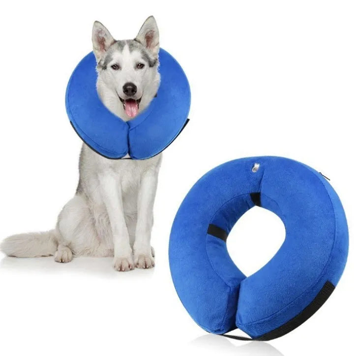 Protective inflatable collar for dogs and cats in blue, cloth and PVC construction, size S to XL
