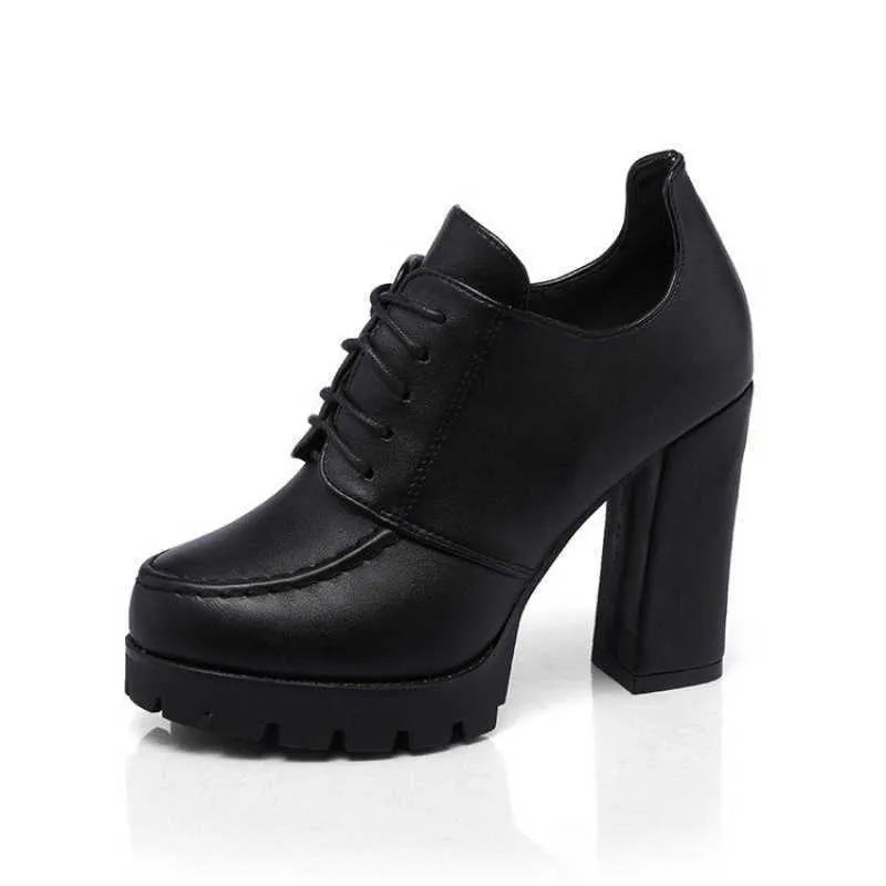 Women's platform high heels with thick heel, round toe, lace-up front, black PU upper, rubber sole
