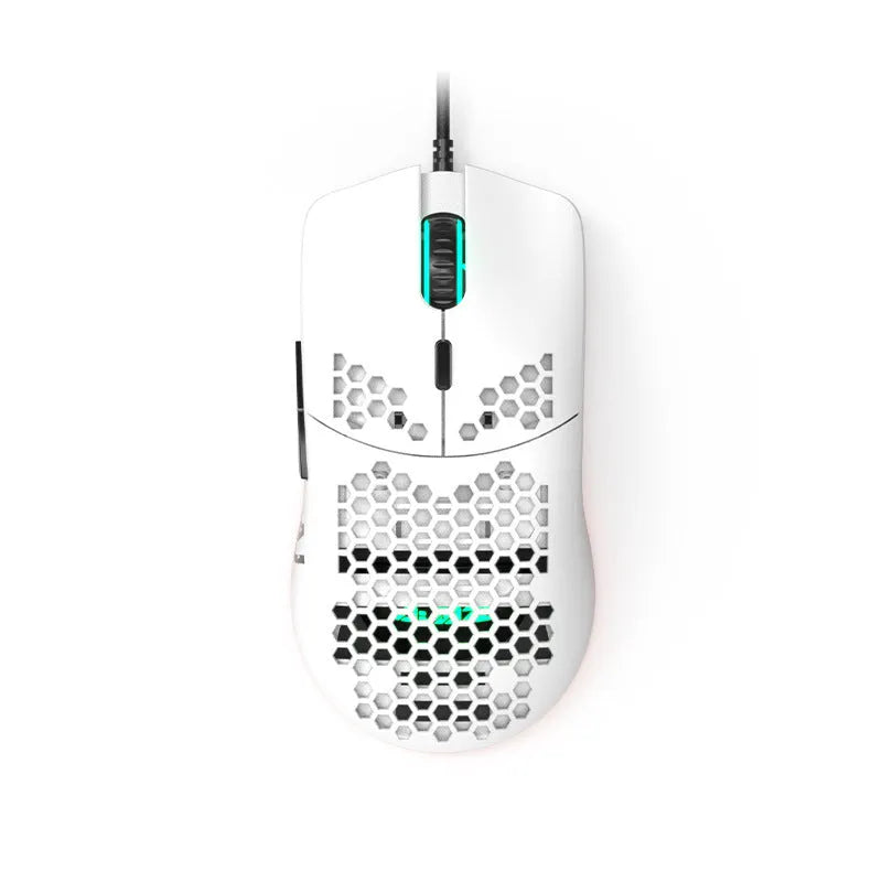 Lightweight hollow hole wired gaming mouse, white or black, with PAW3338 sensor and 1.7m cable.