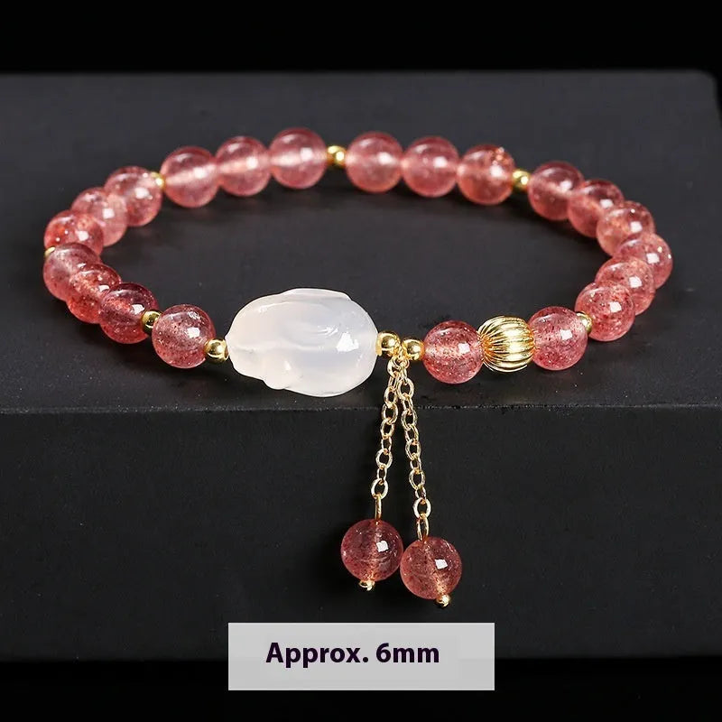 Natural strawberry quartz and agate bracelet with 6mm geometric white rabbit beads