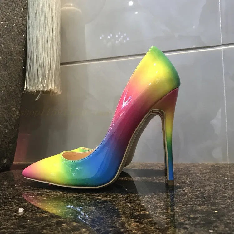 Rainbow patent leather pointed toe stiletto high heel shoe with thin heel.