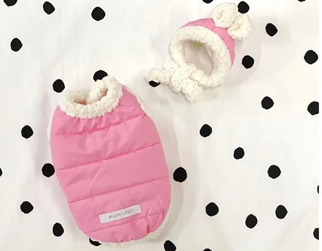 Cotton-padded pet clothes in yellow, black, and pink, sizes XS to XL for dogs and cats