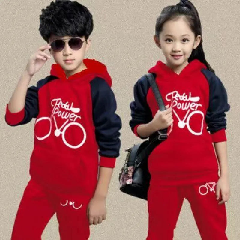 Korean-style long sleeve sweat suit two-piece set for older kids in black, red, or wine red.