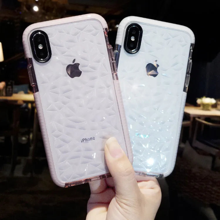 TPU iPhone case with striped back design in three colour options: black, pink with white edge, white with black border