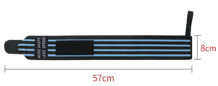 Weightlifting strength wristband in blue nylon with adjustable strap on gym floor
