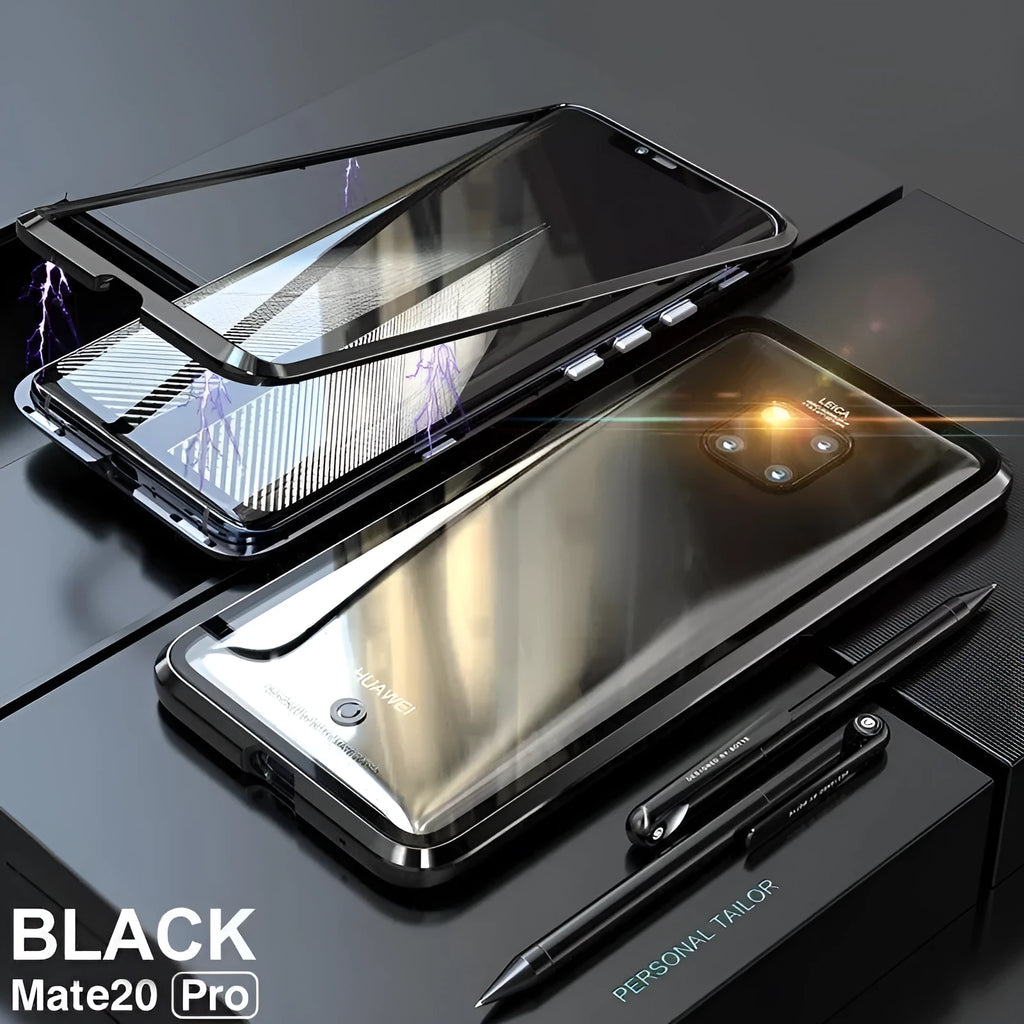 Magnetic metal phone case for Huawei smartphones with tempered glass back in black, blue, red or white