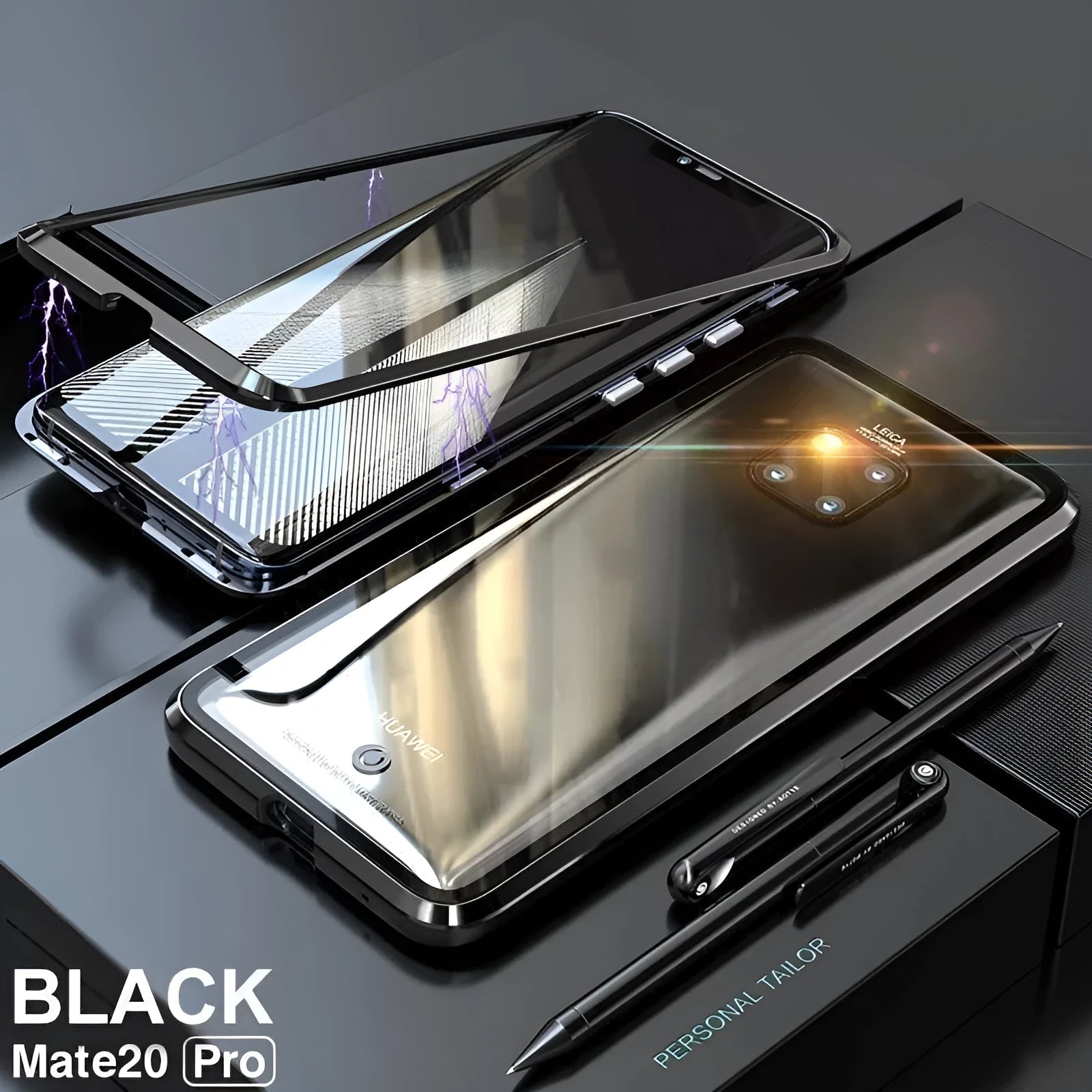 Magnetic metal phone case for Huawei smartphones with tempered glass back in black, blue, red or white