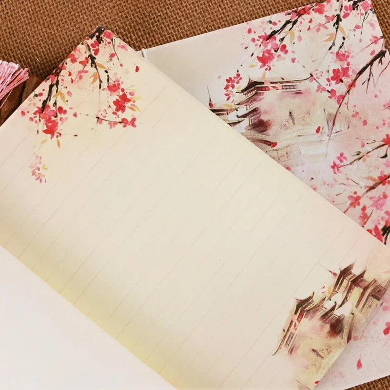 Azalea-coloured Chinese style notebook with thread binding showing watercolour retro cover