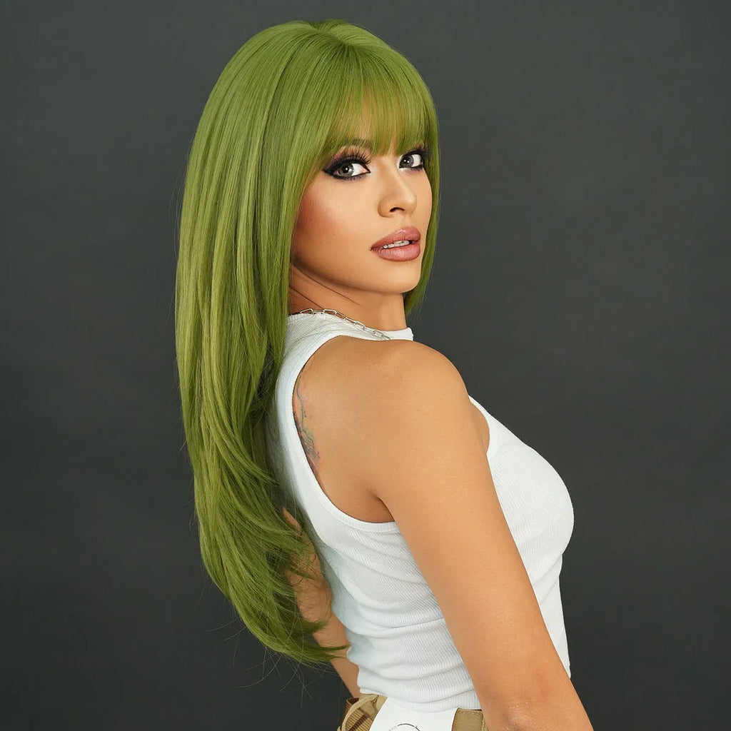 Vanilla green long straight women's wig with bangs made from domestic silk.