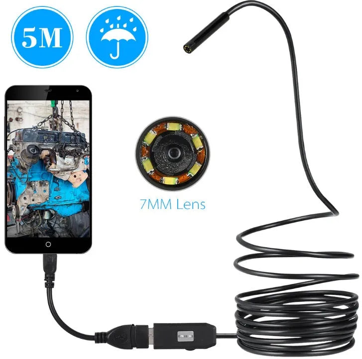 OWSOO USB endoscope camera with 7mm lens, 5m waterproof cable and attachments including hook and magnet