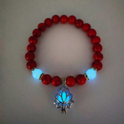 Luminous lotus charm bracelet with mesmerizing glow-in-the-dark beads, made of premium alloy and turquoise fluorescent stone