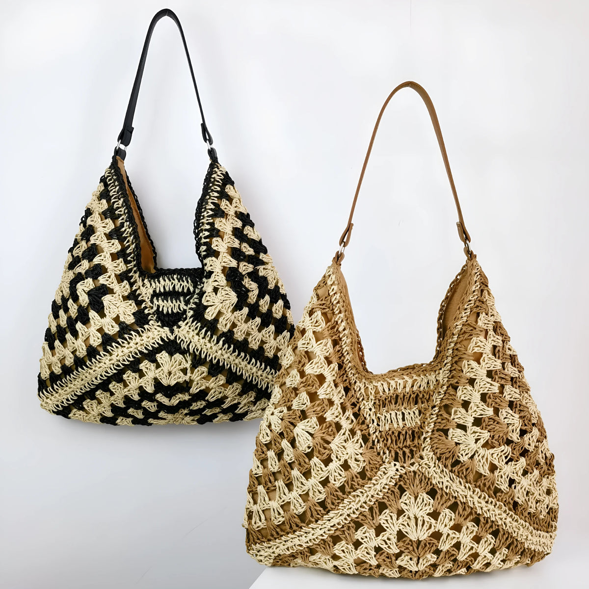 Handmade paper straw woven shoulder bag with hollow contrast colour weave and polyester lining in khaki beige or black khaki.