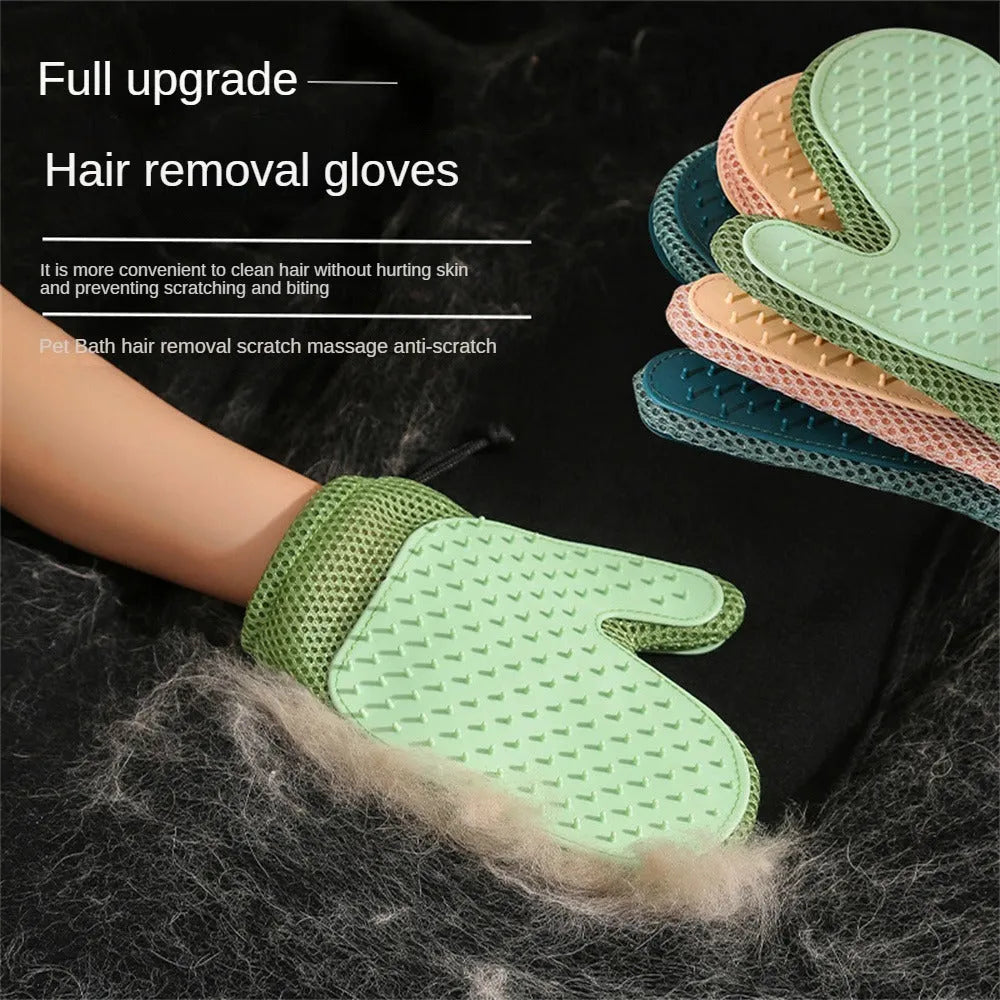 Dark blue pet hair removal glove for grooming dogs and cats on a fabric sofa.