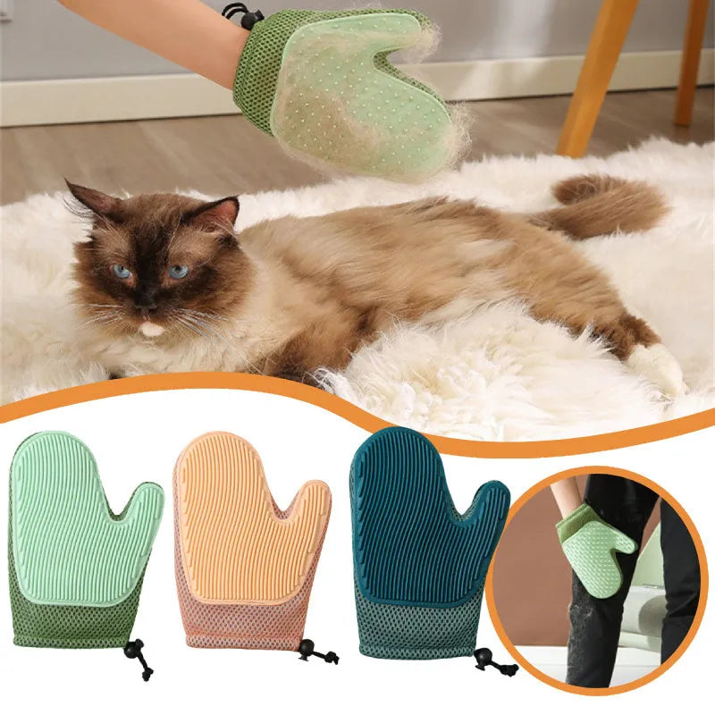 Dark blue pet hair removal glove for grooming dogs and cats on a fabric sofa.