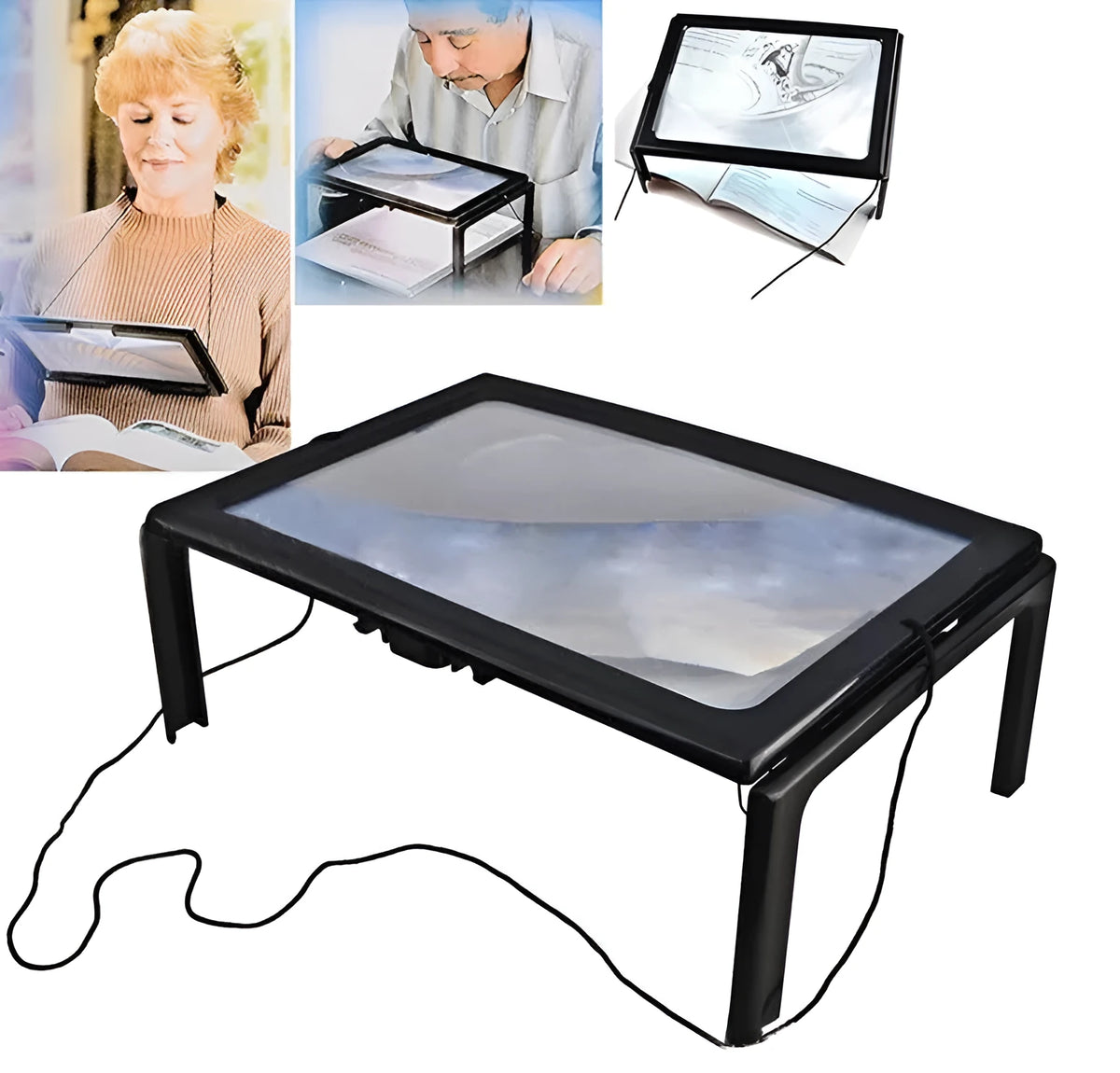 Desktop magnifying glass with 4 LED lights, A4 full-page black magnifier on a table