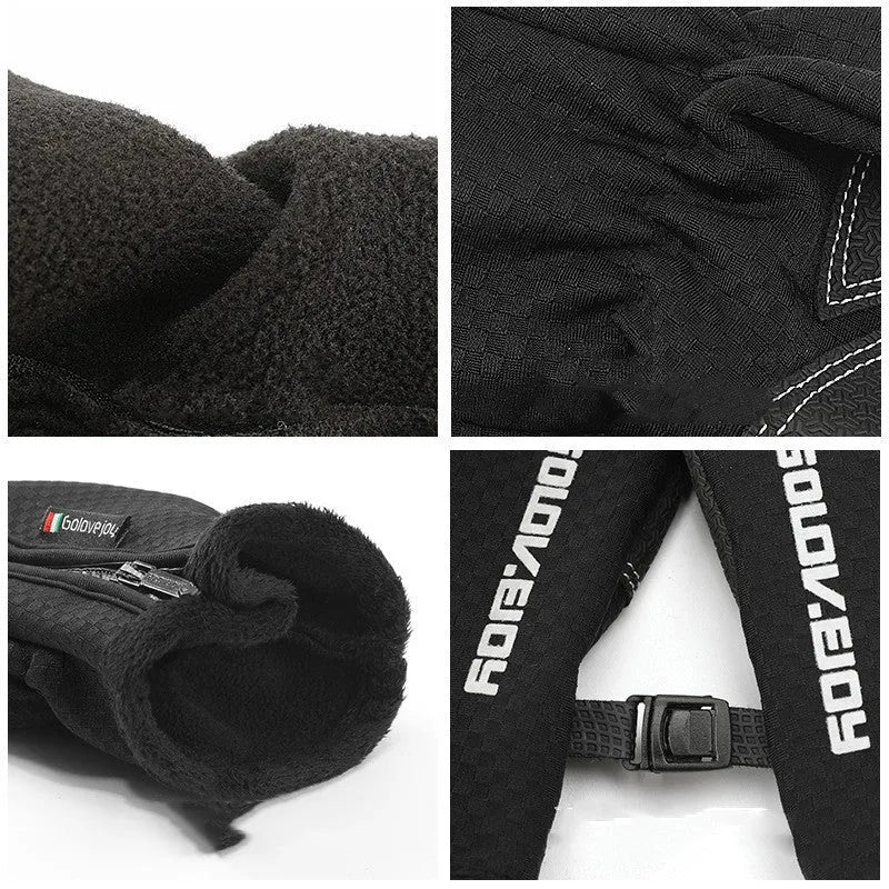 Unisex winter cycling gloves in black made of polar fleece with split finger design and printed pattern