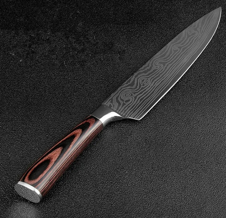 7Cr17 stainless steel kitchen knife with Damascus patterned 18 cm blade and coloured wood handle